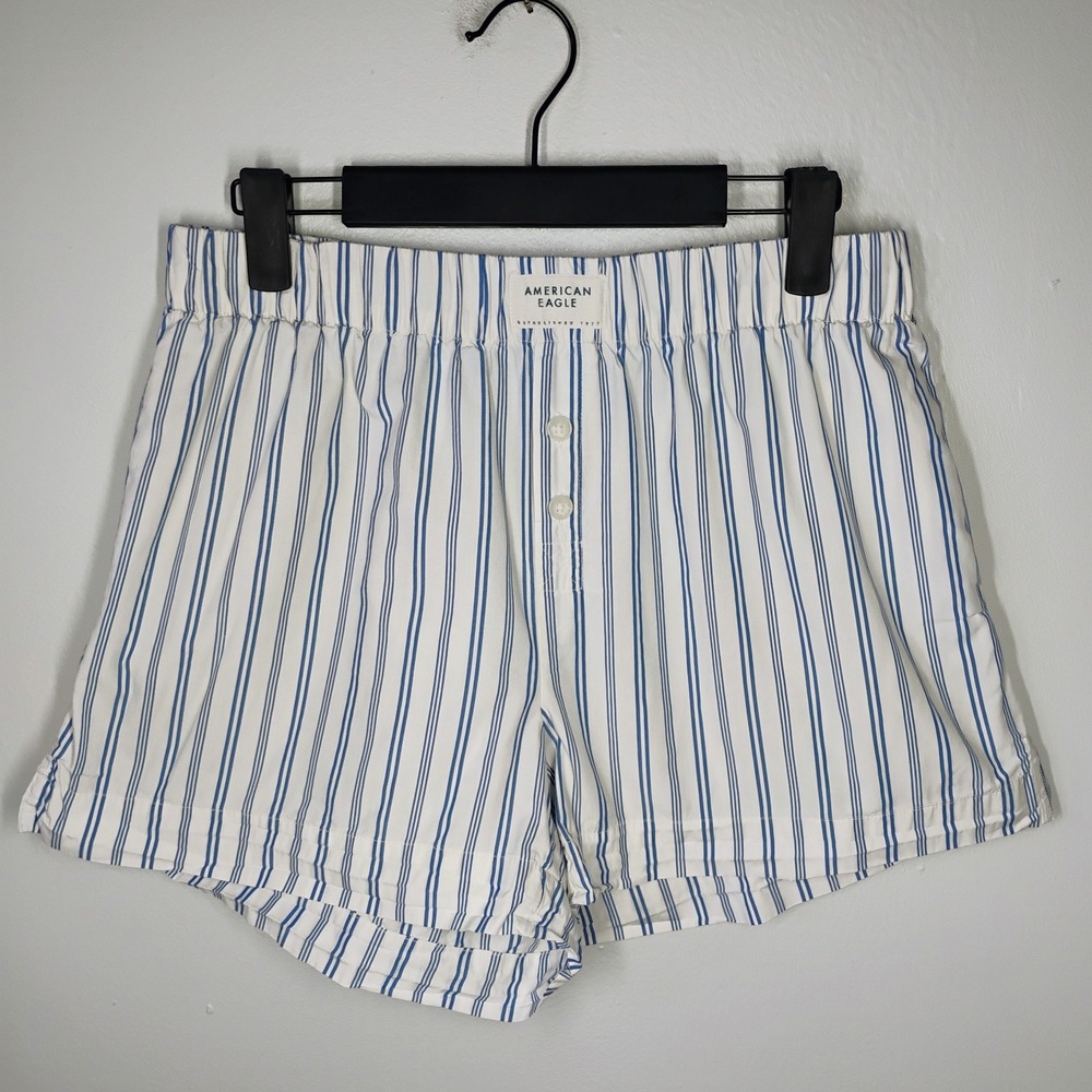 American Eagle Womens Cotton Poplin Boxer Shorts Size Small White Blue Stripes